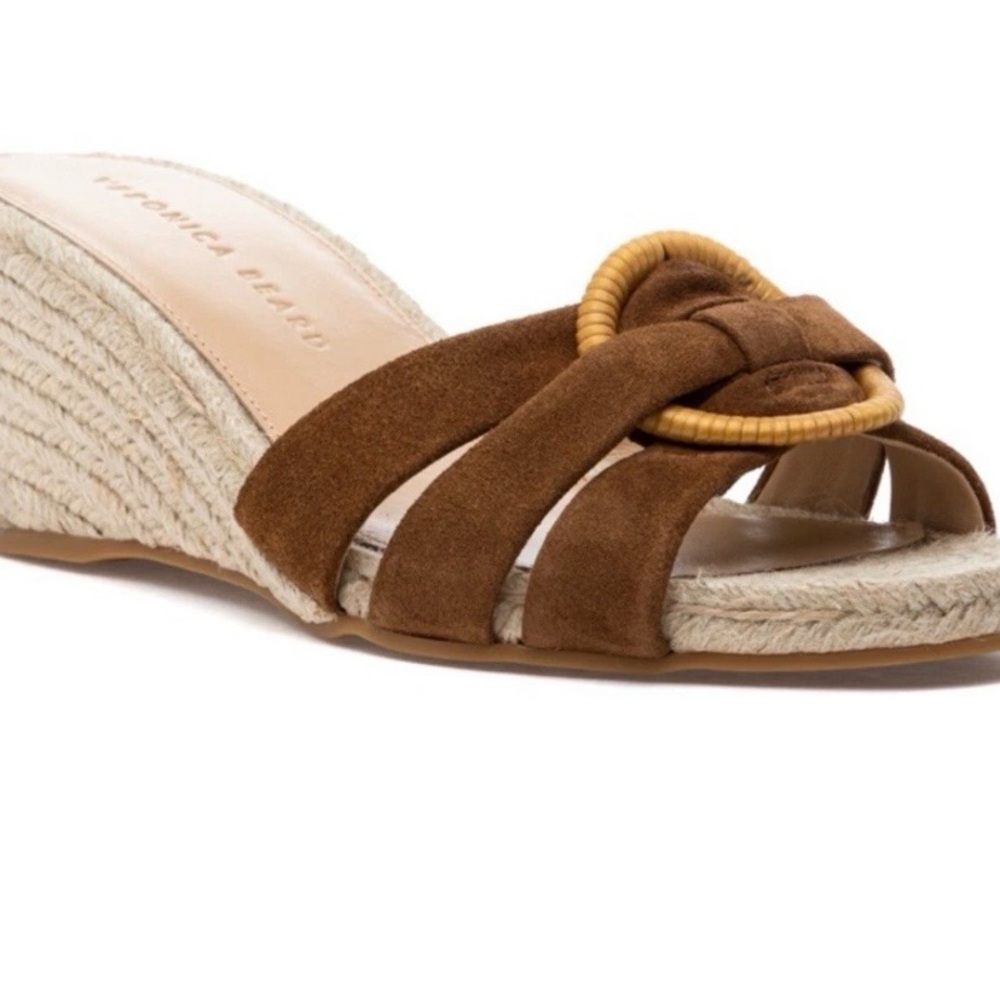 Veronica Beard Brown Suede Espadrille Wedge Slide with Ring Accent